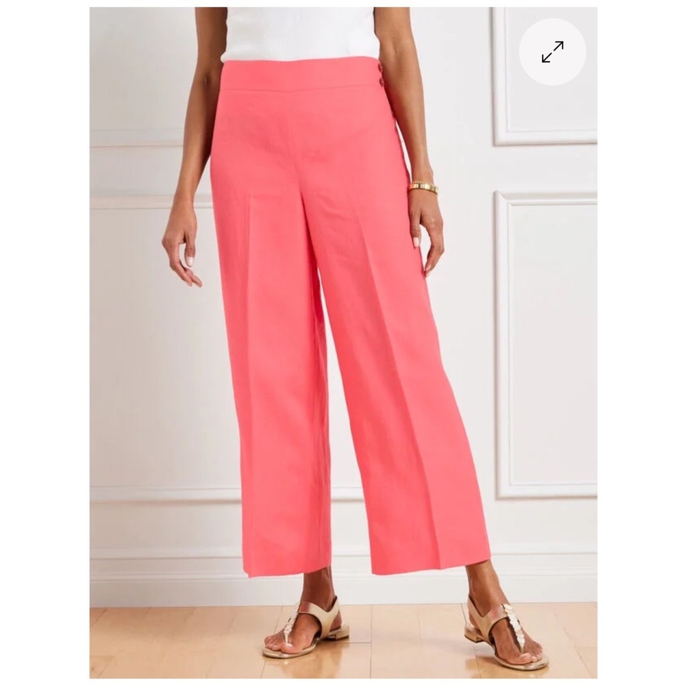 Talbots Classic Linen Wide Crop Pants Pink Coral Side Button P242016204 Womens 2